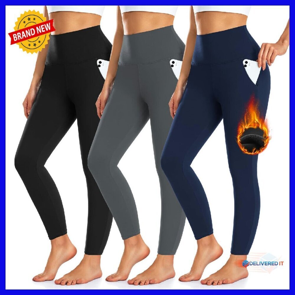 Fleece Lined Leggings 3 Pack with Pockets High Waist Winter Thermal